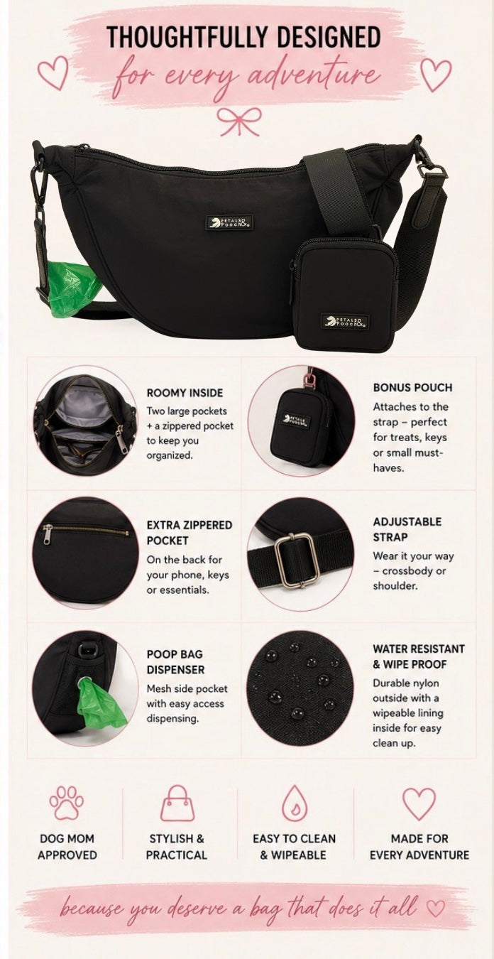 Black Crossbody Crescent Dog Walking Handbag
